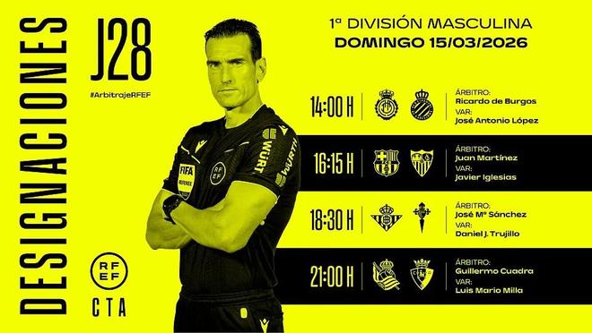 西甲裁判安排公布 巴萨对阵塞维利亚由胡安-马丁